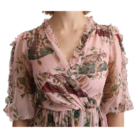 Dolce & Gabbana Pink Bengal Cat Print A-line Maxi Silk Dress - Picture 5 of 5